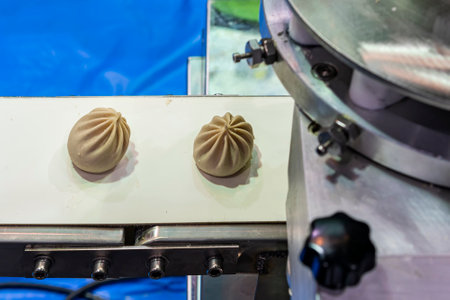 Close up loaf dough chinese or asian food (steamed stuffed buns) on belt conveyor after forming or manufacturing by automatic food making machine in industryの写真素材