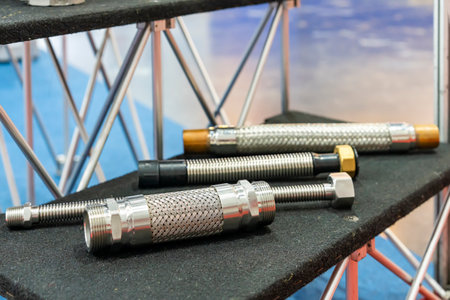 stainless steel flexible hose of high and medium temperature or pressure resistant for industrial use fluid liquid steam system etc. on tableの写真素材