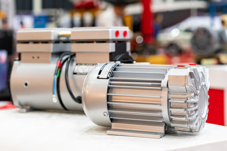 electric induction motor with compact oil free rotary vane dry vacuum pump for industrial on tableの写真素材