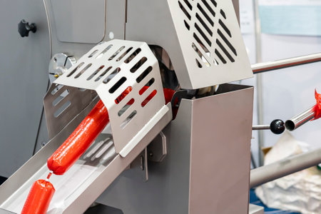 sausage after filling and during pass portioning outlet and casing holding tube or straight nozzle from automatic vacuum sausage filler machine in food industrialの写真素材