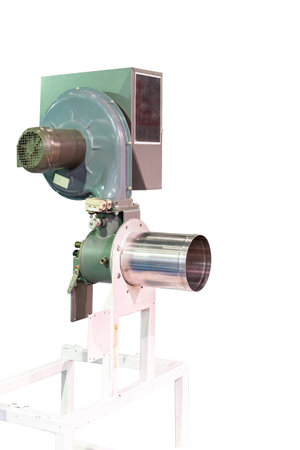 nozzle burner head unit or direct firing gas burner with electric motor air blower for industrial furnace or oven  on stand isolated on white background with clipping pathの写真素材