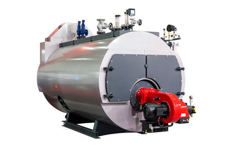 boiler room for industrial with component such as pipe system burner electric motor valve gauge sensor control etc. isolated on white background with clipping pathの写真素材