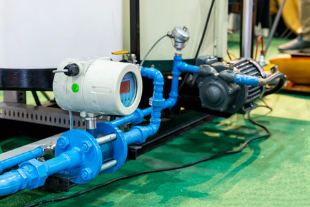 High accuracy and Modern flow transmitter set up on pipeline system for measuring pressure viscosity density compressibility application for machine  in industrial gas oil or liquid transfer etc.の写真素材