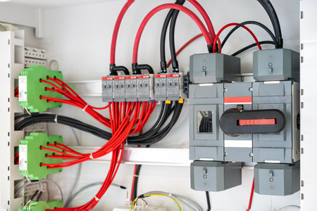 electric power enclosed switch and wiring on board or control cabinet and other device for application main control electric system or other electrical equipmentの写真素材