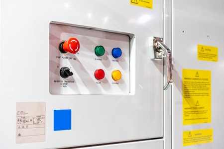 emergency switch and selector switch with color status lamp signal on control panel of machine