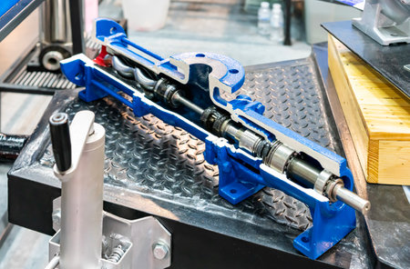 detail inside progressive cavity rotary single screw pump such as coupling rod rotor stator sealing for transfer fluid viscous or shear sensitive material manufacture in industrialの写真素材