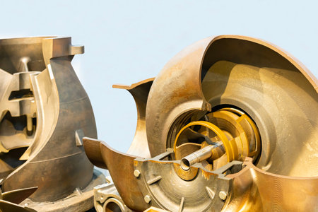 close up cast brass impeller and detail inside volute chamber of cross section industrial centrifugal pumpの写真素材