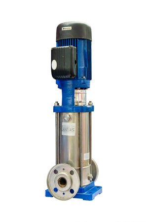 High pressure vertical multistage stainless steel centrifugal pump include motor for plumbing industrial or other application use isolated with clipping pathの写真素材