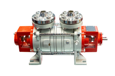Centrifugal multistage pump for water or fluid conveying or transport in industrial or other application use isolated on white with clipping pathの写真素材