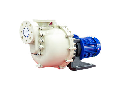plastic centrifugal pump assembly electric motor for conveying or supply chemical solution or etc. in industrial isolated on white with clipping pathの写真素材