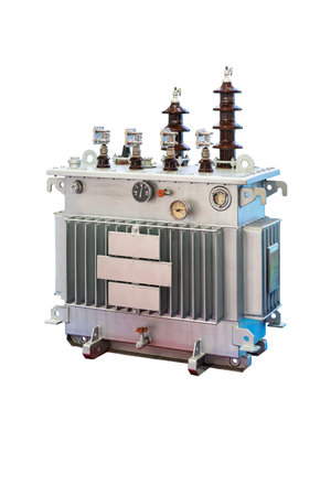electric transformer and power line ceramic electric pin insulator and mounting stainless steel on top isolated with clipping pathの写真素材