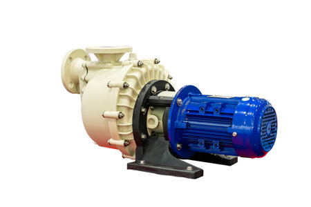 plastic centrifugal pump assembly electric motor for conveying or supply chemical solution or etc. in industrial isolated on white with clipping pathの写真素材