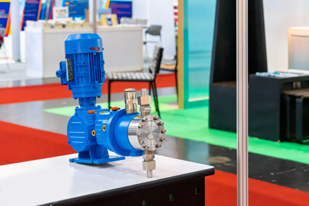 hydraulic diaphragm dosing pump assembly with electric motor and worm gear for conveying or feeding chemical or suspend liquid etc. in industrialの写真素材