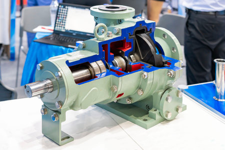 close up cross section sample impeller and other detail inside volute chamber housing frame plate liner etc. of centrifugal pump for water or liquid conveying in industrialの写真素材