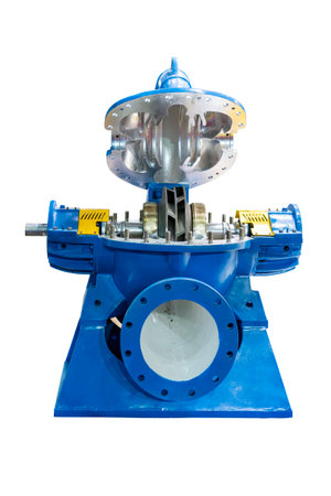 large metal impeller and other component inside of horizon split casing pump double suction centrifugal for conveying water or liquid in industrial isolated on white with clipping pathの写真素材