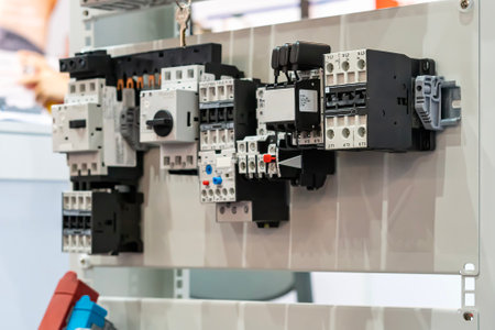 magnetic contactor and various type terminal blocks or connector socket for electric connection component in industrial on boardの写真素材
