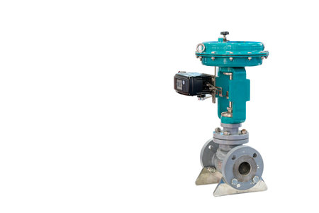 Globe valve assembly with automatic pneumatic diaphragm actuator control for turn close and open water or liquid conveying in piping system in industrial isolated on white with clipping pathの写真素材
