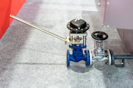Automatic and manual bottom blow down valve for drain liquid or fluid with sludge or solid impurities from steam boiler tank or other in industrialの写真素材