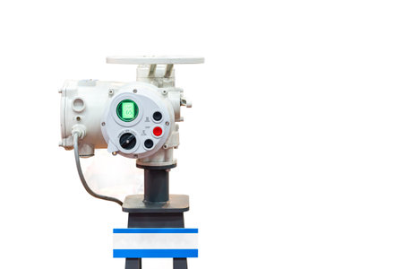 Electric multi turn actuator pressure switch for control turn close and open on butterfly or ball and other valve of water or liquid conveying in industrial isolated on white with clipping pathの写真素材