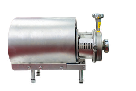 Stainless steel sanitary centrifugal water or other fluid pump for food beverage and pharmaceutical with electric motor in industrial isolated on white with clipping pathの写真素材