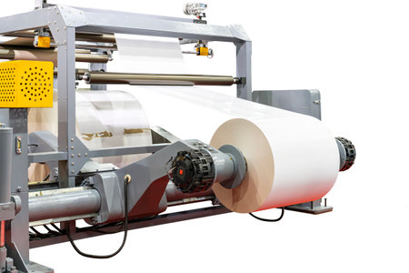 close up electric motor and paper roll sheet system for converting or feed paper of high speed automatic roll slitting and rewinder machine in industrial isolated on white with clipping pathの写真素材
