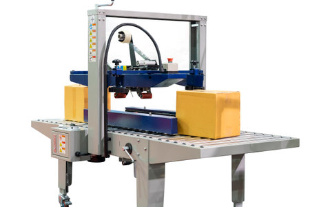 paper cardboard box or carton on roller conveyor of automatic masking tape sealing machine for...