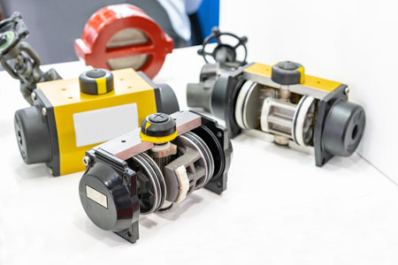 Cut away cross section show detail inside of double acting pneumatic rotary actuator for control...