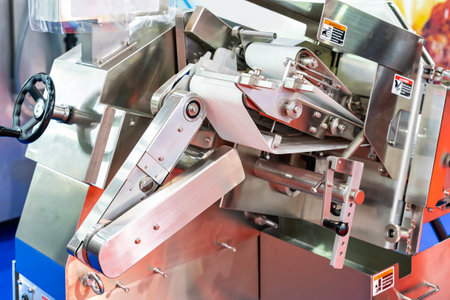 Close up top and bottom belt conveyor or sandwich conveyor feeding kit of slice machine for food...