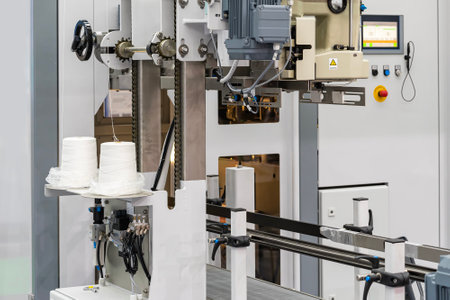 Close up roll of thread and thread feeder kit component for bag sewing closures of of automatic weighing bag filling packing machine in industrialの写真素材