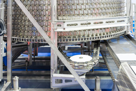 Close up stainless steel drive unit of spiral conveyor or rotating spiral belt and other component for convey food beverage or etc. application in industrialの写真素材