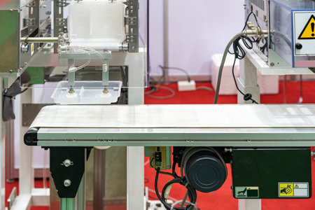 close up precision vacuum suction cup gripper with automatic limb during sucking pick - place on belt conveyor transport plastic box in manufacturing processの写真素材