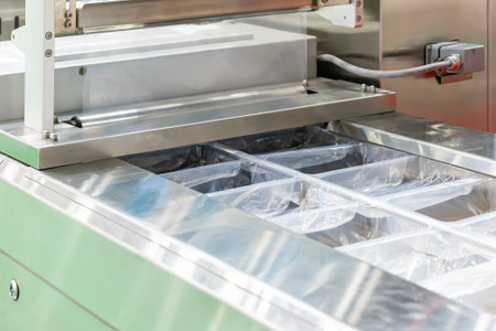 Automatic and continuous stretch film vacuum food sealing and packing machine in food industrialの写真素材