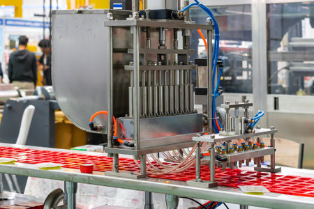 automatic continuous cup filling and sealing machine for food beverage or cream sauce packing etc. in industrialの写真素材