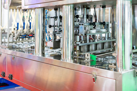 close up seal and cut unit the packaging film of automatic continuous filling and sealing machine for food beverage or cream sauce packing etc. in industrialの写真素材