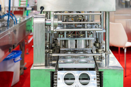 Metal portion mold with heating cutting unit the packaging film of automatic continuous filling and sealing machine for food beverage or cream sauce packing etc. in industrialの写真素材