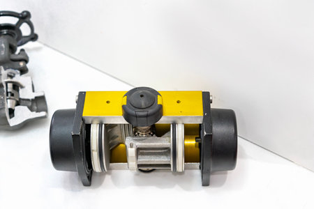 Cut away cross section show detail inside of double acting pneumatic rotary actuator for control turn close and open valve in industrialの写真素材