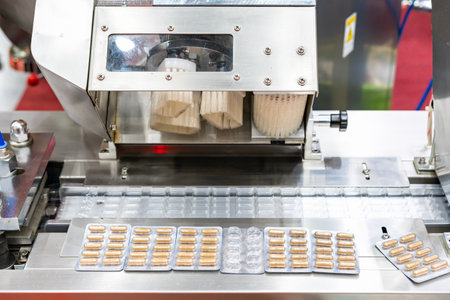 close up capsule in plastic packaging after process by automatic continuous blister packing machine in pharmaceutical or food industrialの写真素材