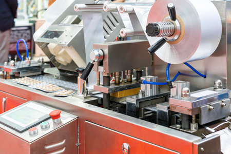 close up aluminum lidding foil sealing and cutting unit component of automatic continuous blister packing machine in pharmaceutical or food in industrialの写真素材