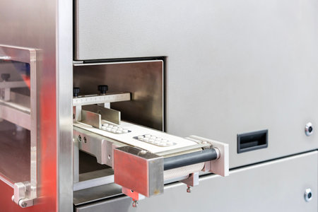 close up capsule in blister pack or package on belt conveyor after process by automatic continuous blister packing machine in pharmaceutical or food industrialの写真素材