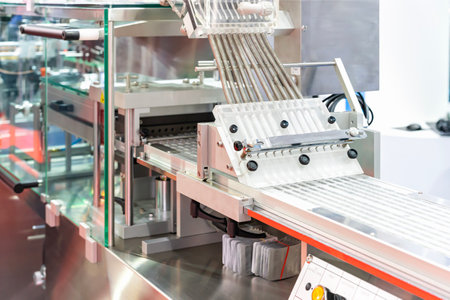 close up tablet or capsule feeding chute flow down to blister packaging of automatic continuous blister packing machine in pharmaceutical industrialの写真素材
