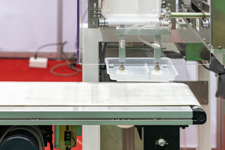 close up precision vacuum suction cup gripper with automatic limb during sucking pick â place plastic box on belt conveyor transport in manufacturing processの写真素材