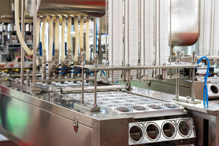 Close up row transparent plastic cup set on feeding unit of automatic continuous filling and sealing machine for food beverage or cream sauce packing etc. in industrialの写真素材