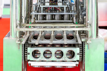 Close up metal portion mold with heating cutting unit the packaging film of automatic continuous filling and sealing machine for food beverage or cream sauce packing etc. in industrialの写真素材