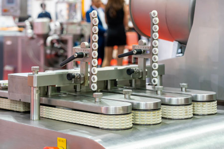 belt feeder system component of automatic and high speed sausage cutting machine or other application of food manufacturing process in industrialの写真素材