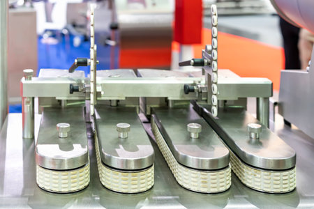 belt feeder system component of automatic and high speed sausage cutting machine or other application of food manufacturing process in industrialの写真素材