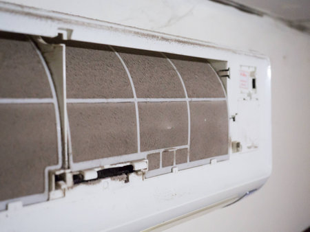Home air conditioner's filter choke with fully of dust, dirty filter.の写真素材