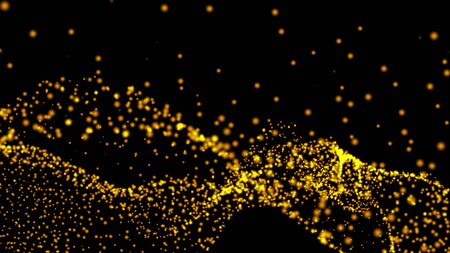 Gold bokeh graphics, 3D science fiction backgrounds of glowing particles with deep depth and bokeh. Line and square particles, yellow gold surface on a black backgroundの写真素材