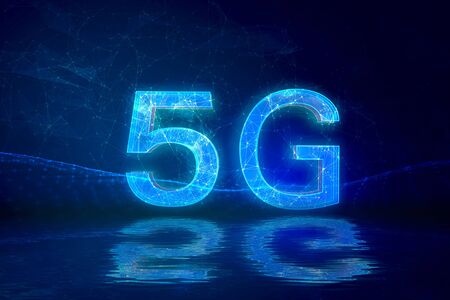 Creative connection background, mobile phone with 5G hologram on the background of the new world...