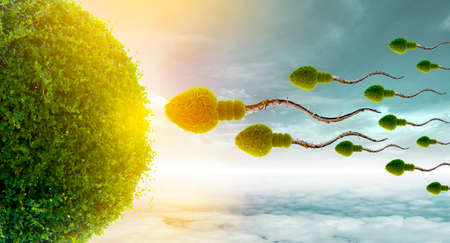 Sperm is the human semen, behind the sky and green trees.