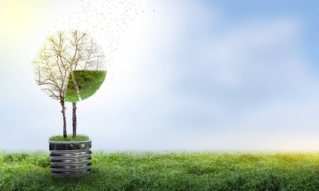 Loss of market share The pie chart is a growing green tree and falls into a business concept of losing money, a symbol of economic investment.の写真素材